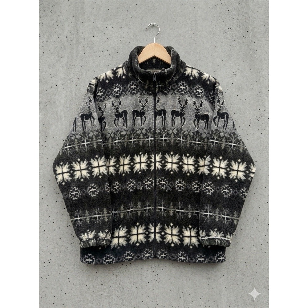 VTG County Clothing Co Fleece Jacket Large Women Black Gray Reindeer Aztec AOP